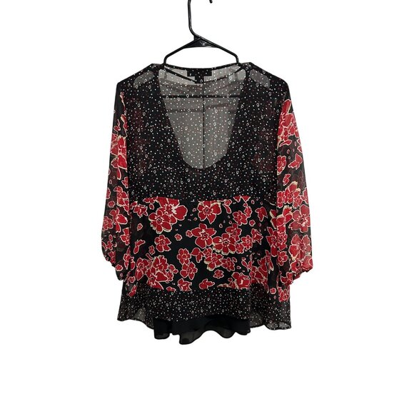 Style & Co. Floral Sheer V-Neck 3/4 Sleeve Blouse Black Red Sz 18 Camisole Boho - Picture 2 of 11